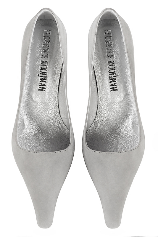 Pearl grey women's dress pumps,with a square neckline. Pointed toe. Medium comma heels. Top view - Florence KOOIJMAN